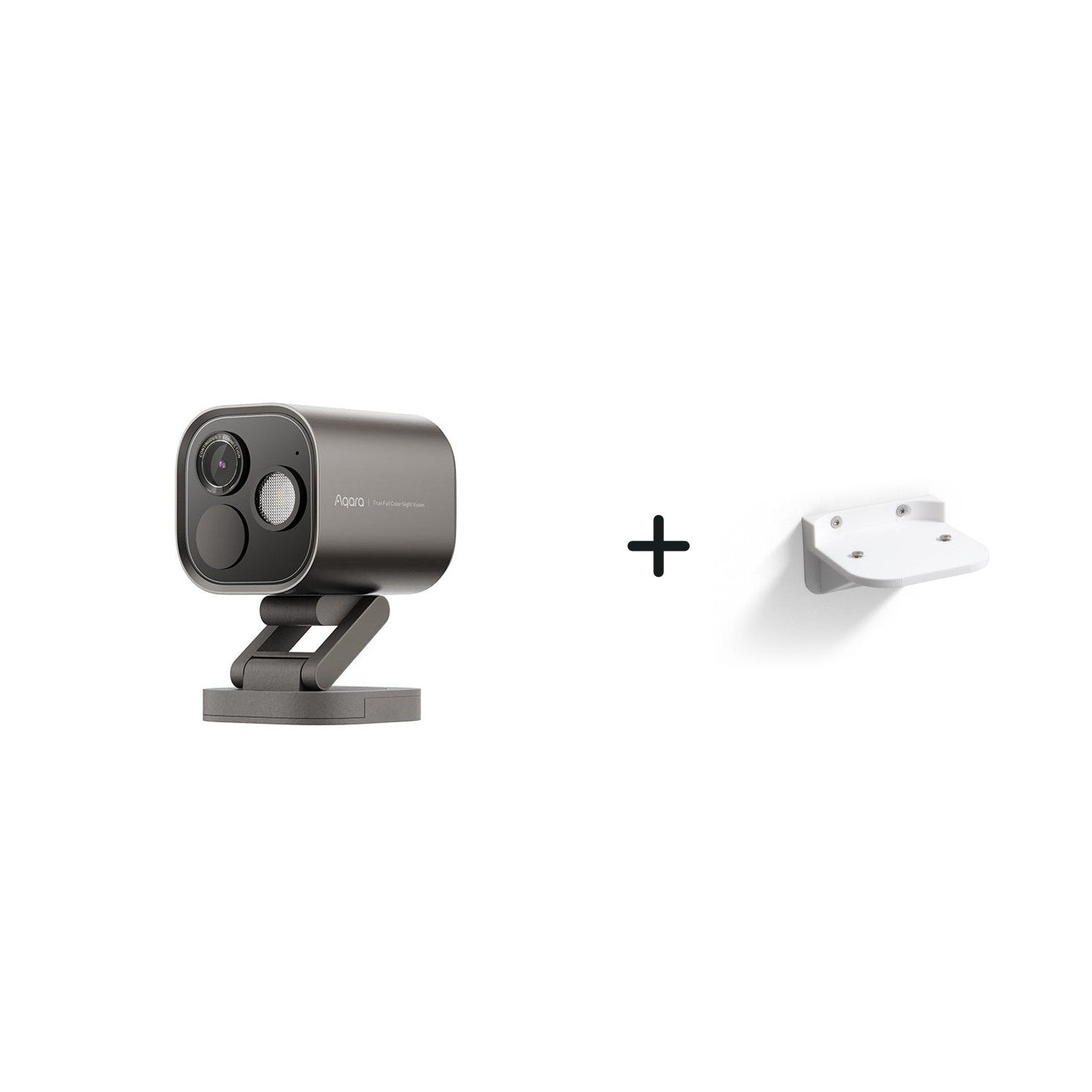 Aqara Camera Hub G5 Pro in Weiß und weiße Wandhalterung nebeneinander vor weißem Hintergrund