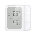 Aqara Fußbodenthermostat W500 frontal: Display mit 25,5 Grad und 56 Prozent, rechts die Tastenleiste
