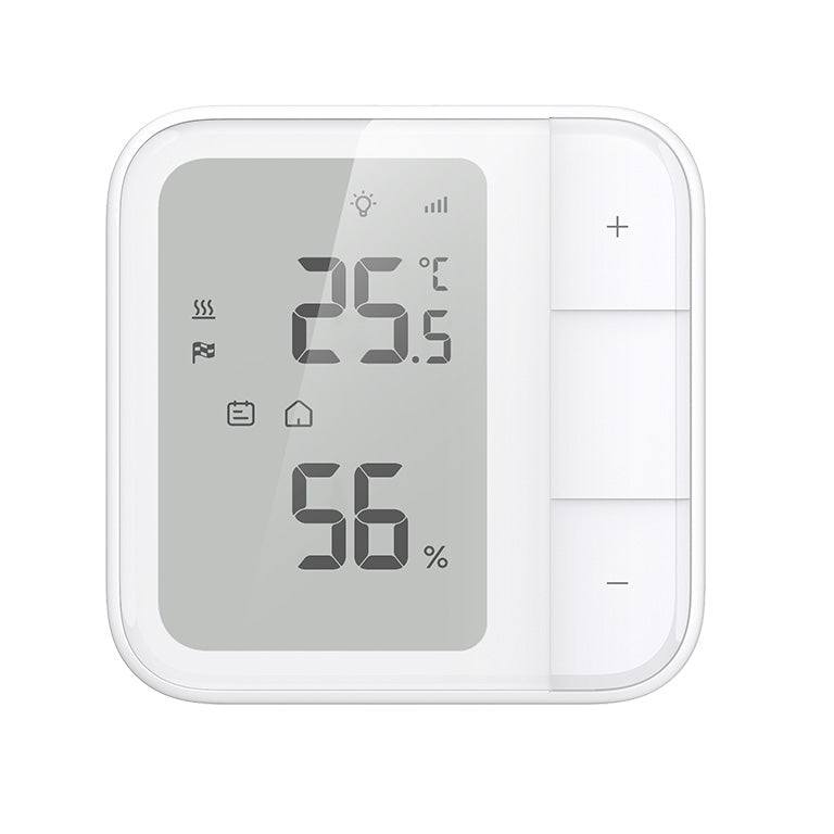 Aqara Fußbodenthermostat W500 frontal: Display mit 25,5 Grad und 56 Prozent, rechts die Tastenleiste