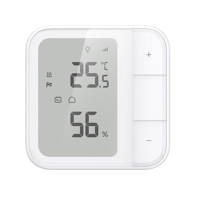 Aqara Fußbodenthermostat W500 frontal: Display mit 25,5 Grad und 56 Prozent, rechts die Tastenleiste