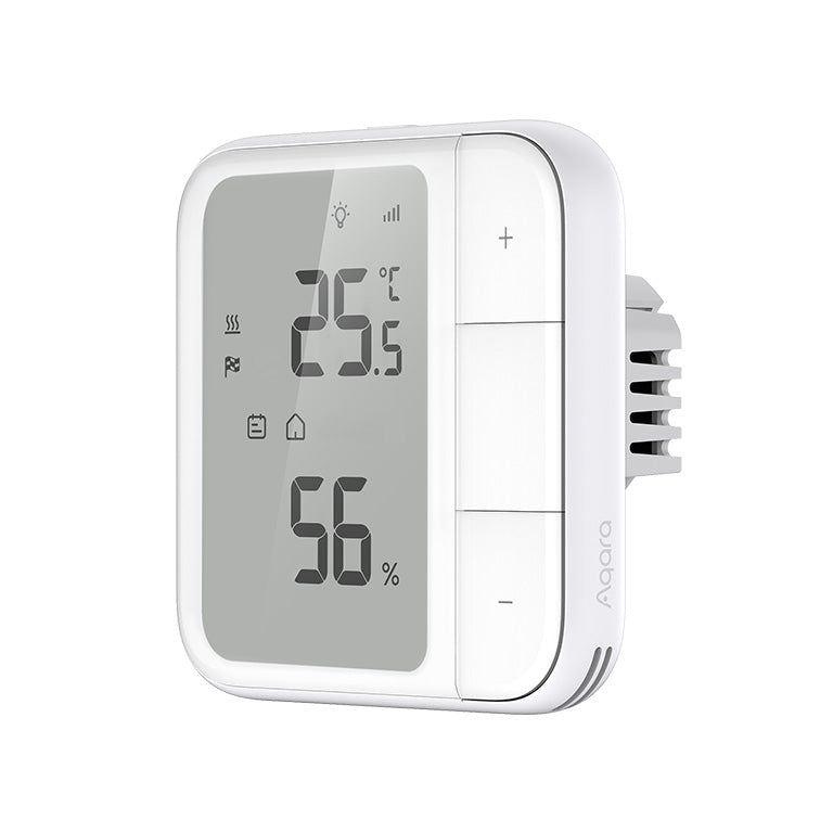 Aqara Fußbodenthermostat W500 schräg von der Seite, mit sichtbarem Einbaukörper