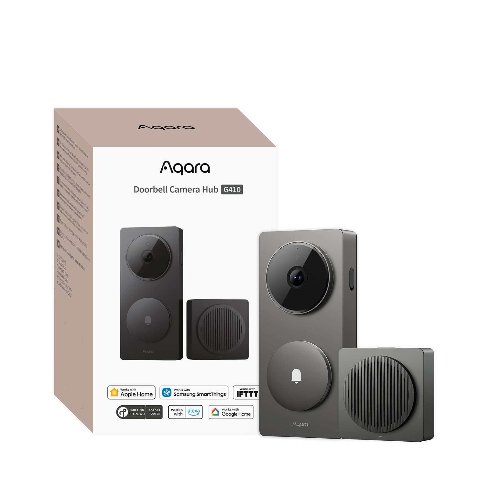 Verpackung der Aqara Doorbell Camera Hub G410 neben der schwarzen Klingel und dem Innengong