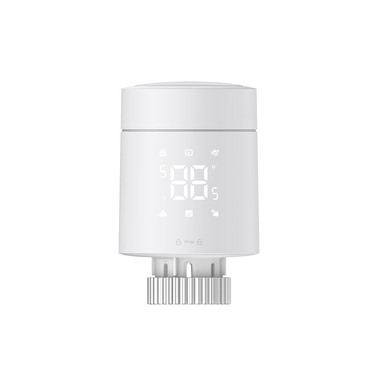 Aqara Heizkörperthermostat W600 frontal: runder weißer Kopf mit beleuchteter Anzeige und Ventilanschluss