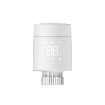 Aqara Heizkörperthermostat W600 frontal: runder weißer Kopf mit beleuchteter Anzeige und Ventilanschluss