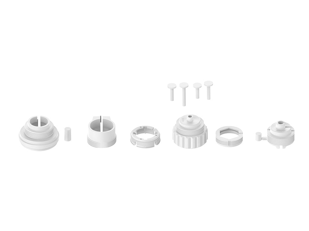 Das beiliegende Zubehör des Aqara W600: sechs Ventiladapter unterschiedlicher Bauform, Schrauben und ein Stift