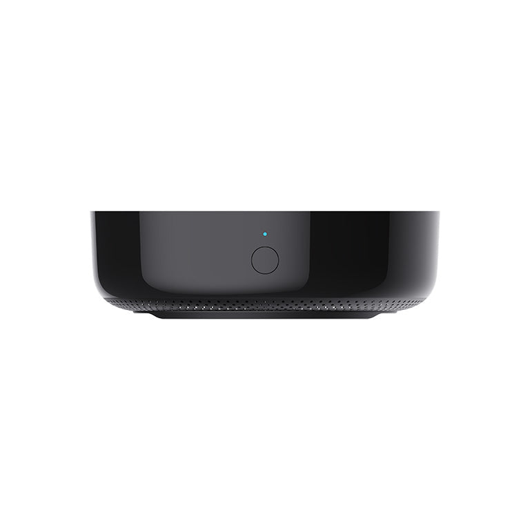 Aqara Hub M200 frontal mit Funktionsknopf und blauer Status-LED
