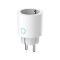 Aqara Zwischenstecker H2 in Weiß, schräg von vorn, mit der runden Taste und blau leuchtendem Ring