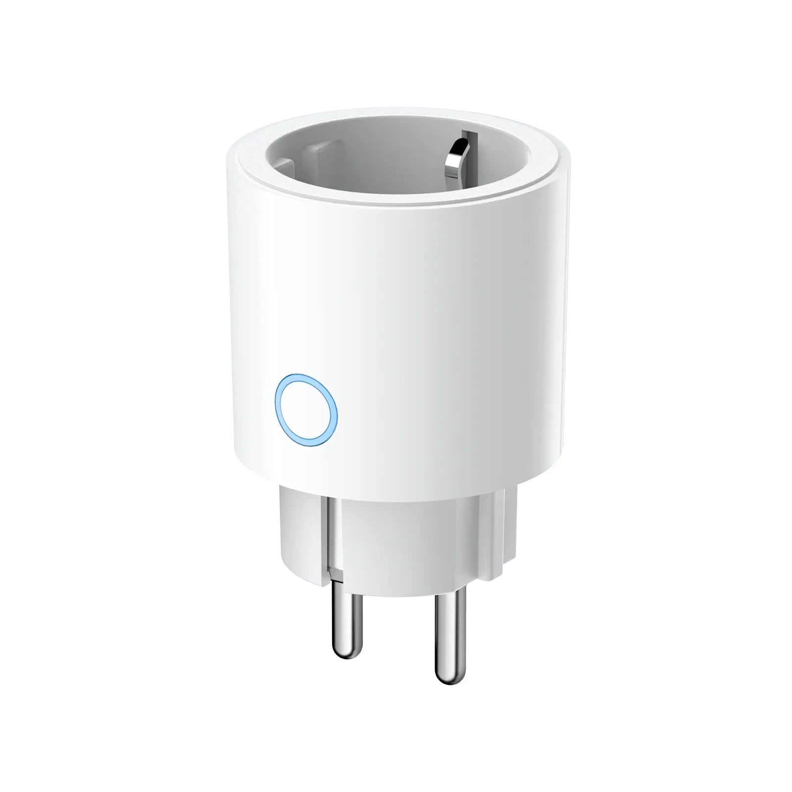 Aqara Zwischenstecker H2 in Weiß, schräg von vorn, mit der runden Taste und blau leuchtendem Ring