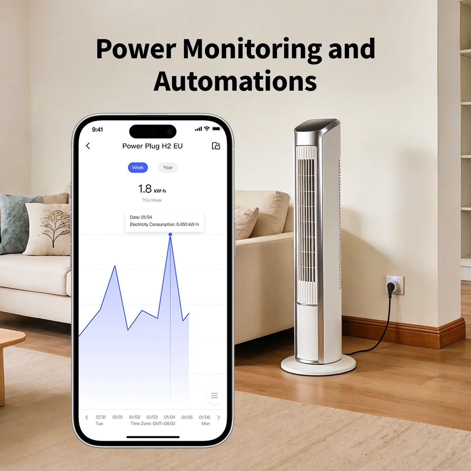 Herstellergrafik zur Verbrauchsmessung: Wohnzimmer mit Ventilator, davor die Aqara-App mit Verbrauchsdiagramm