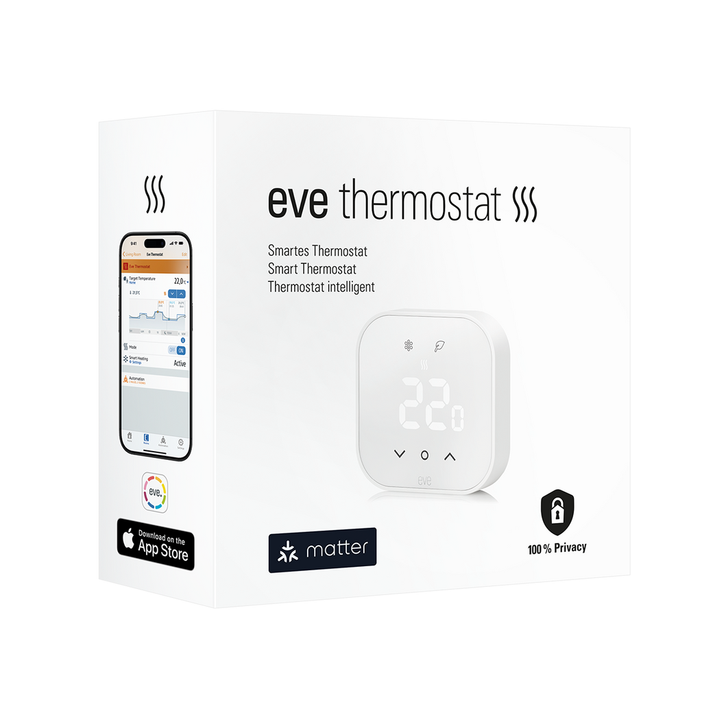 Verpackung des Eve Thermostat: Gerät mit 22-Grad-Anzeige, App-Ansicht auf dem Smartphone und Matter-Logo