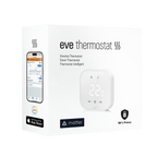Verpackung des Eve Thermostat: Gerät mit 22-Grad-Anzeige, App-Ansicht auf dem Smartphone und Matter-Logo