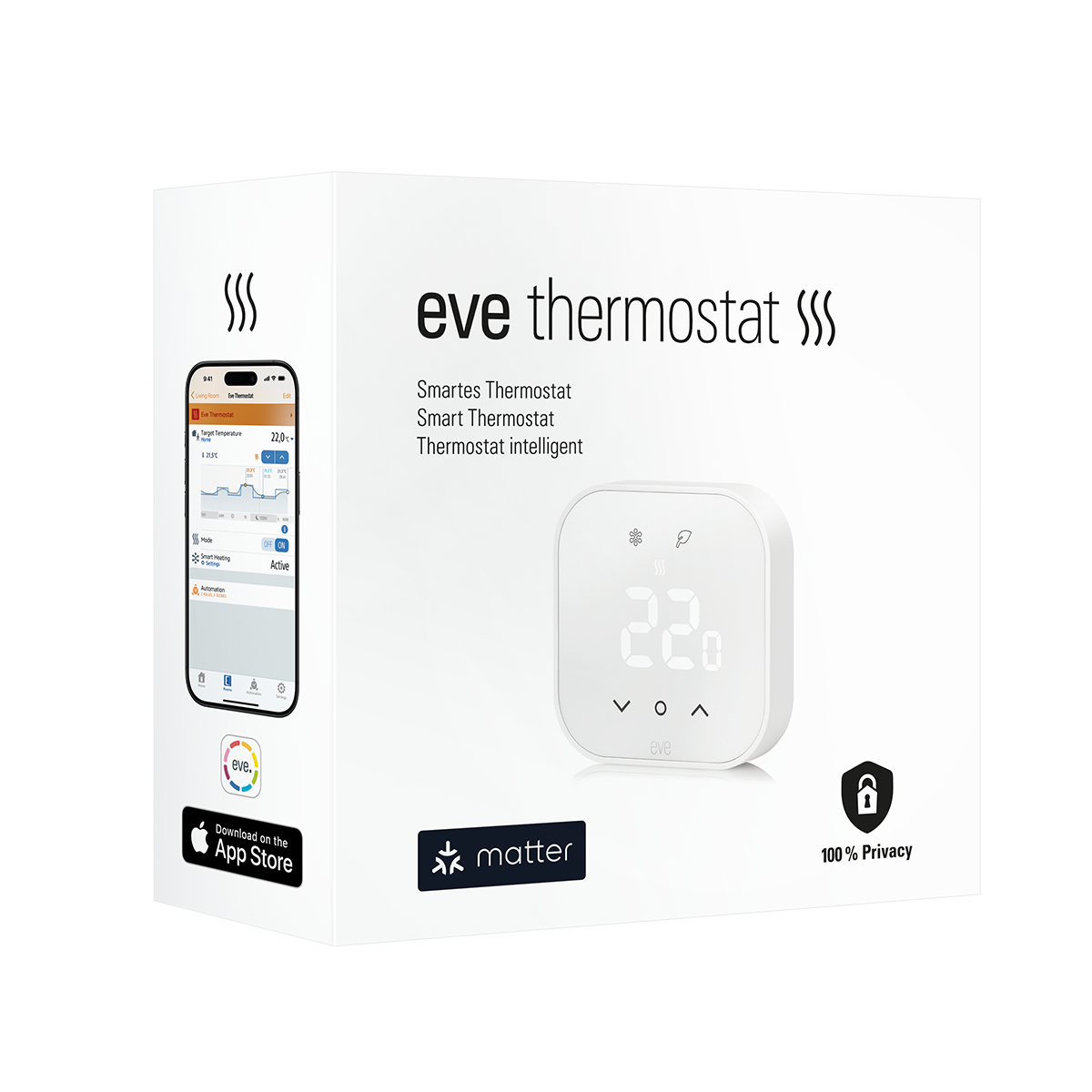 Verpackung des Eve Thermostat: Gerät mit 22-Grad-Anzeige, App-Ansicht auf dem Smartphone und Matter-Logo