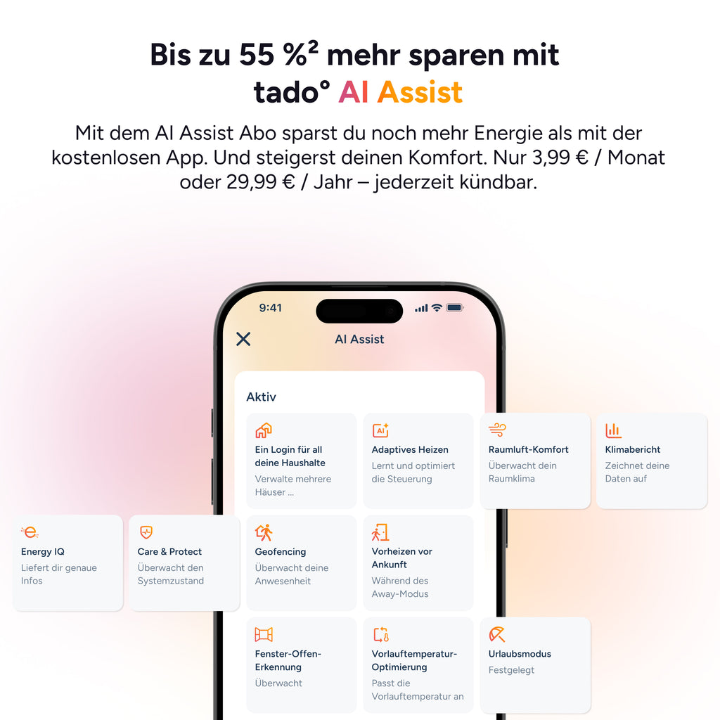 AI-Assist-Ansicht der tado App mit aktiven Funktionen wie Adaptives Heizen, Vorheizen und Urlaubsmodus