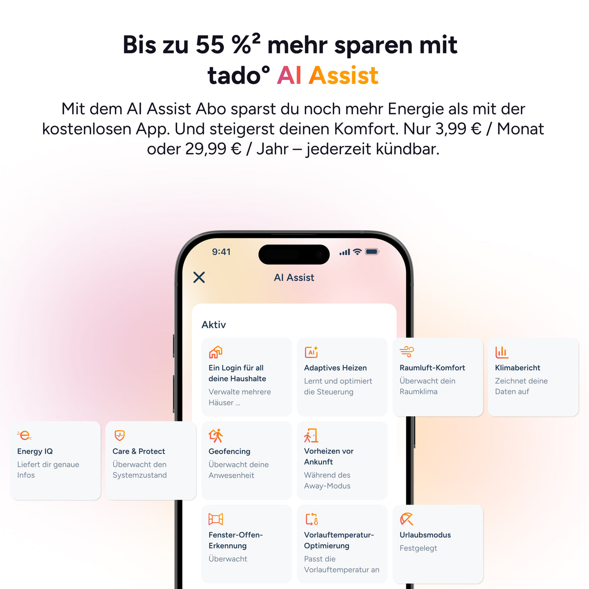 AI-Assist-Ansicht der tado App mit aktiven Funktionen wie Adaptives Heizen, Vorheizen und Urlaubsmodus
