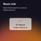 Grafik Raum Link: Kachel meldet, dass 4 von 7 Räumen Wärme anfordern, Therme läuft nur bei Bedarf