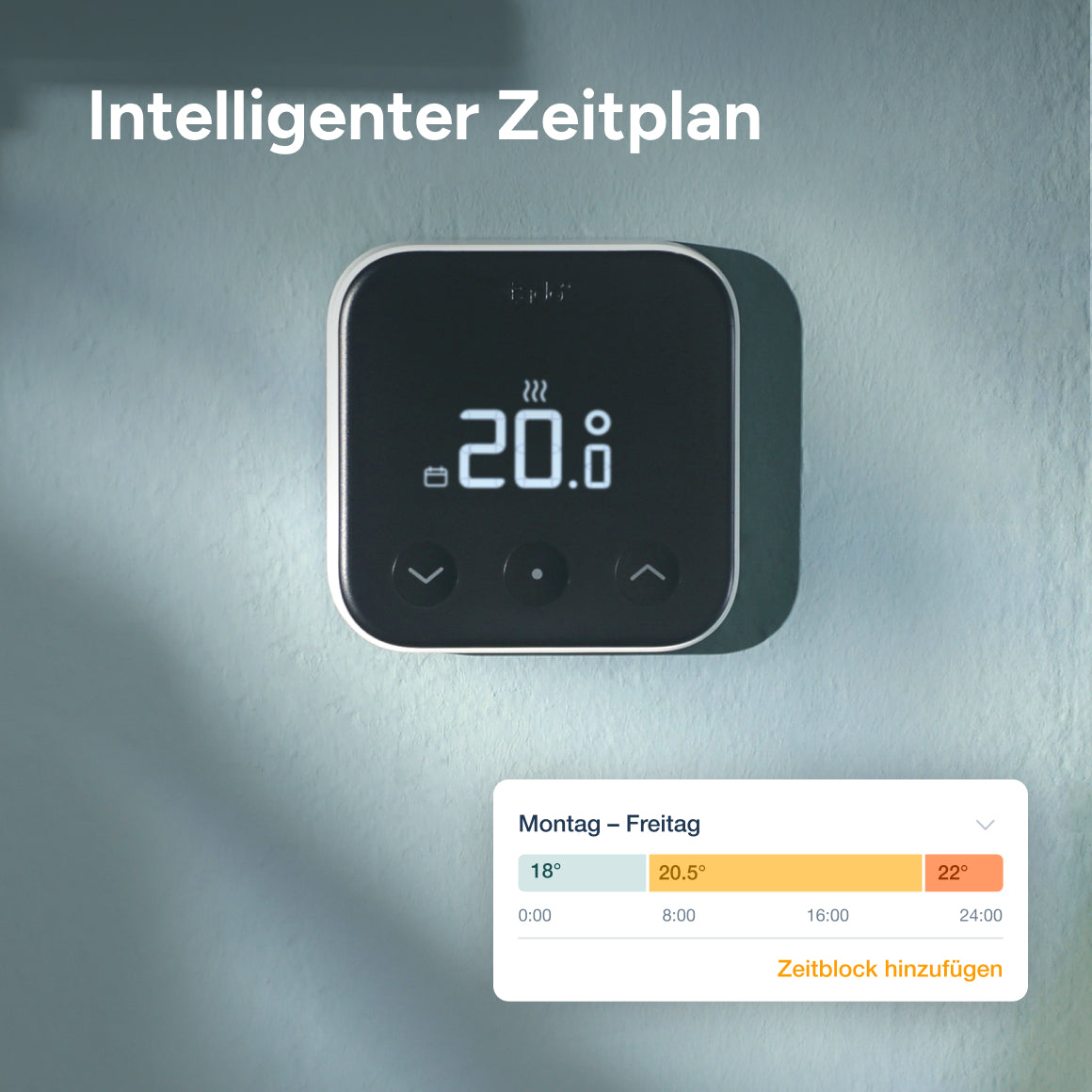 Smartes Thermostat X an der Wand mit eingeblendetem Wochen-Zeitplan von 18 bis 22 Grad
