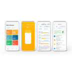 Vier Screens der tado App: Raumübersicht, Wohnzimmer, intelligenter Zeitplan und Ersparnisse