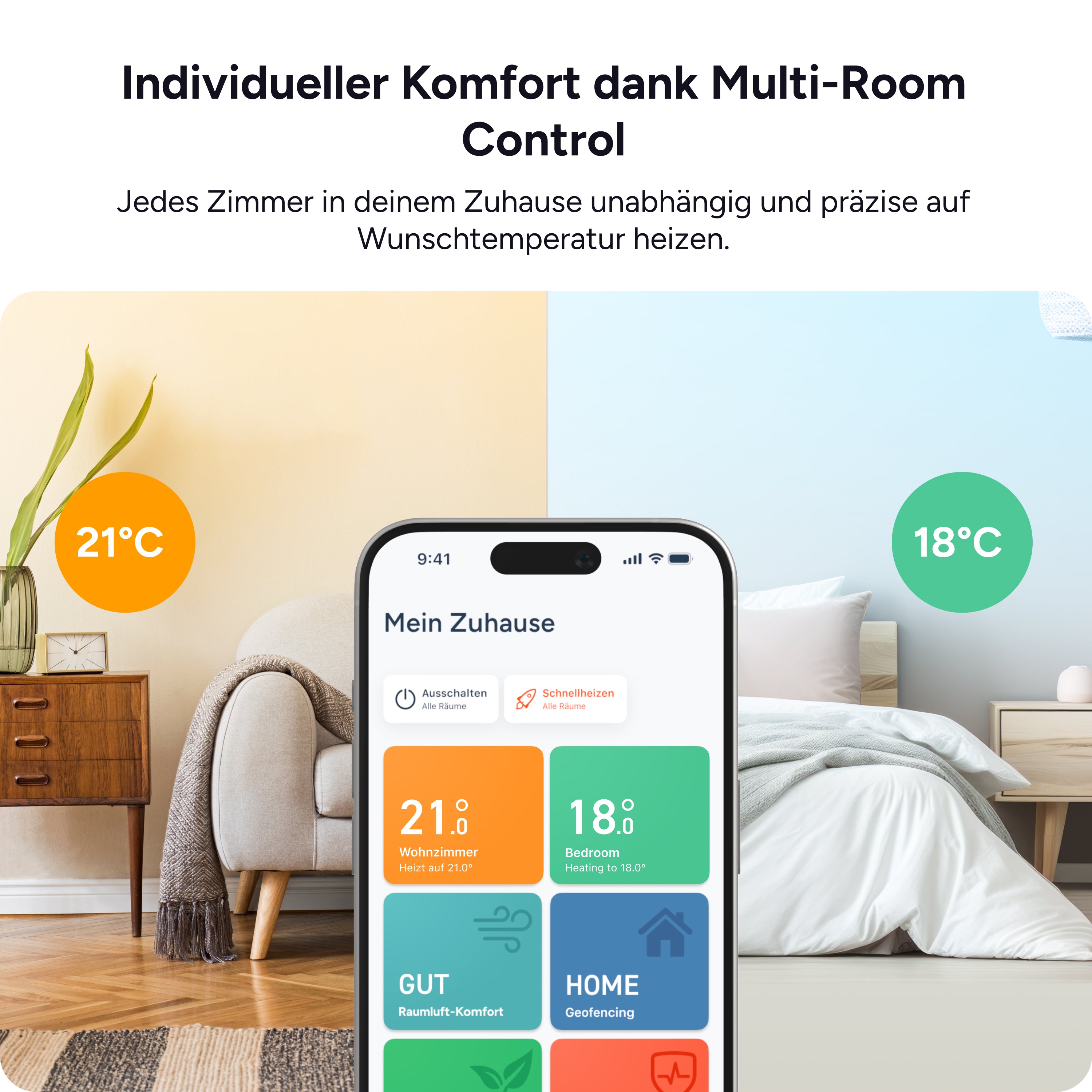 Wohnzimmer mit 21 °C und Schlafzimmer mit 18 °C, davor Smartphone mit den Raumkacheln der tado App