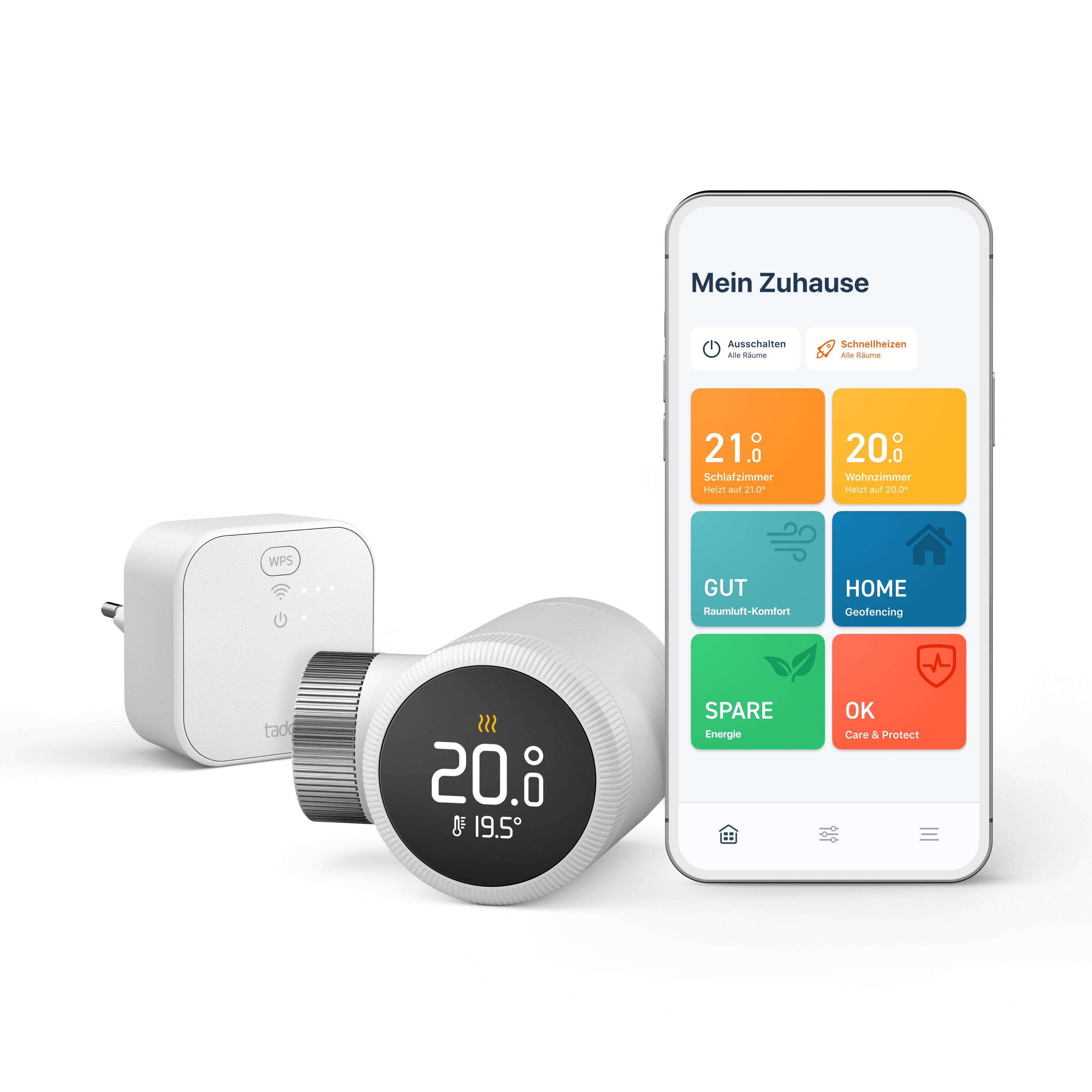 Starter Kit mit Heizkörper-Thermostat X und tado Bridge X, daneben Smartphone mit der Raumübersicht