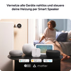 Bridge X zwischen Smart Speakern auf dem Tisch, Logos für Google Home, Apple Home, Alexa und Matter