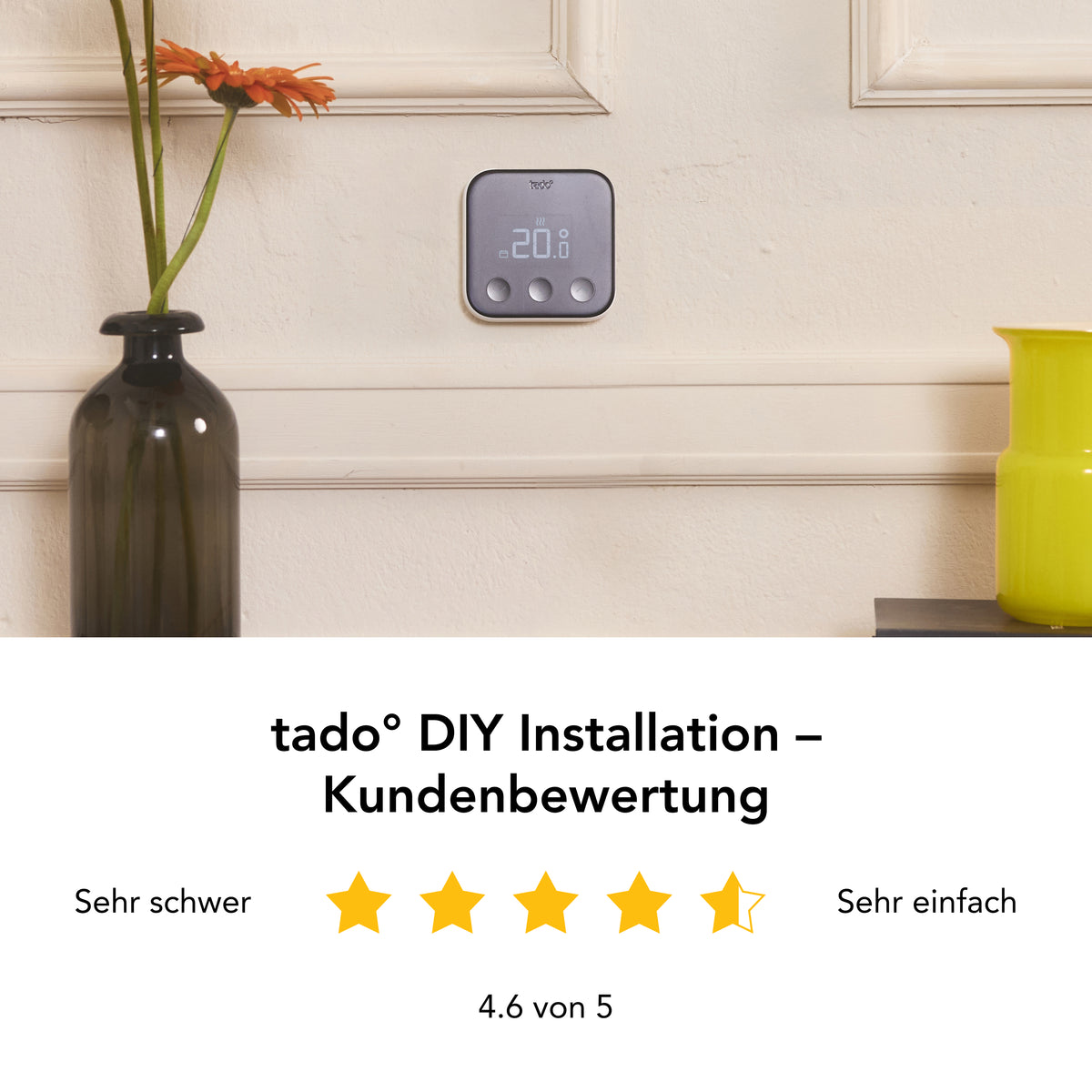 Sensor an der Wand über einer Vase, darunter Kundenbewertung der tado DIY-Installation mit 4,6 von 5