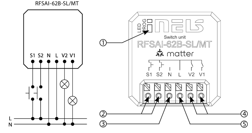 Anschlussschema des ELKO EP RFSAI-62B-SL/MT mit Klemmenbelegung S1 bis V1, zwei Leuchten und zwei Tastern an L und N