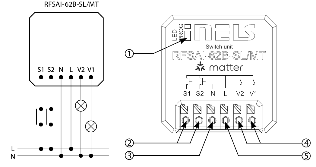 Anschlussschema des ELKO EP RFSAI-62B-SL/MT mit Klemmenbelegung S1 bis V1, zwei Leuchten und zwei Tastern an L und N