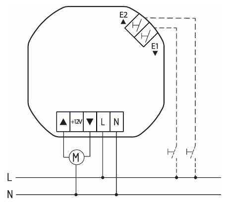 Anschlussschema des Eltako ESB64NP-IPM: Klemmen für Motor, L und N sowie Taster an den Eingängen E1 und E2