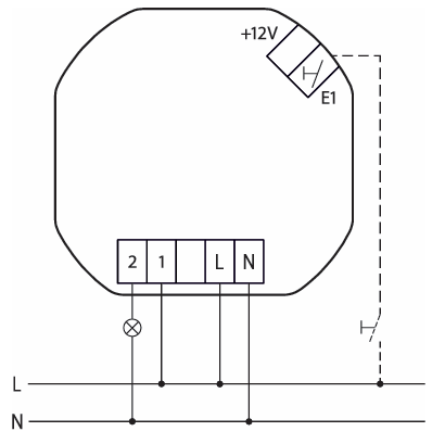 Anschlussschema des Eltako ESR64PF-IPM mit Lampe an den Klemmen 2 und 1 und Taster am Eingang E1