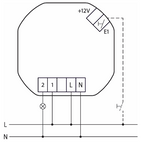 Anschlussschema des Eltako ESR64PF-IPM mit Lampe an den Klemmen 2 und 1 und Taster am Eingang E1