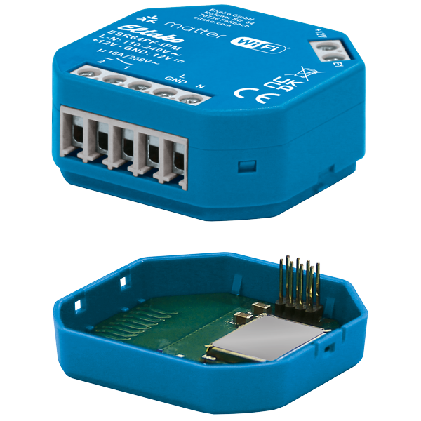 Aktor-Pack ESR64PF-IPM von Eltako, blaues Schaltmodul mit Klemmenleiste über dem geöffneten EnOcean-Adapter EOA64