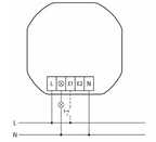 Anschlussschema des Eltako EUD64NPN-IPM: Lampe am Dimmausgang und Taster am Eingang E1 gegen L und N verdrahtet