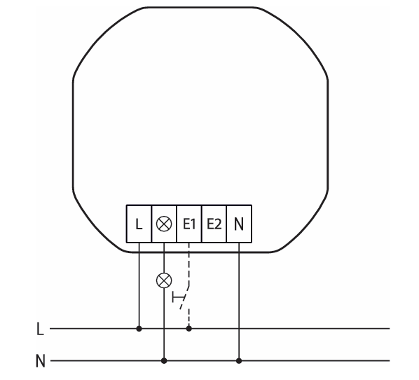 Anschlussschema des Eltako EUD64NPN-IPM: Lampe am Dimmausgang und Taster am Eingang E1 gegen L und N verdrahtet