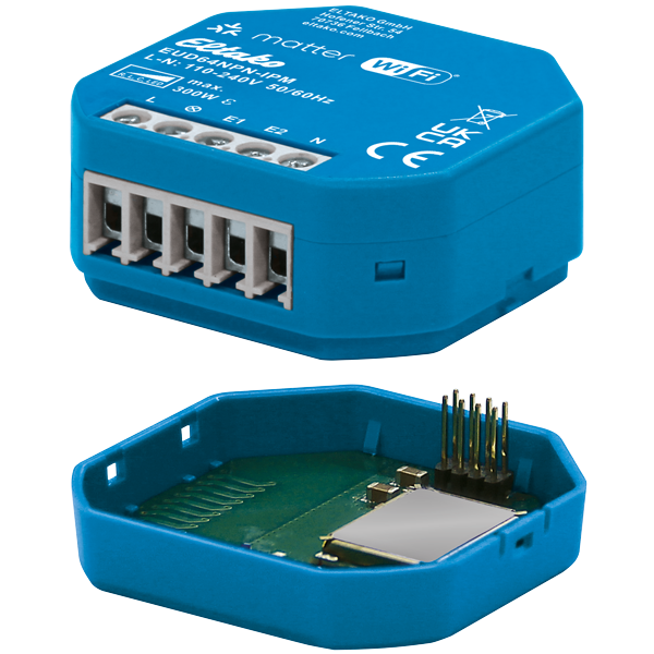 Eltako Aktor-Pack EUD64NPN-IPM: blaues Einbaumodul mit Schraubklemmen, darunter der EnOcean-Adapter EOA64 mit Platine