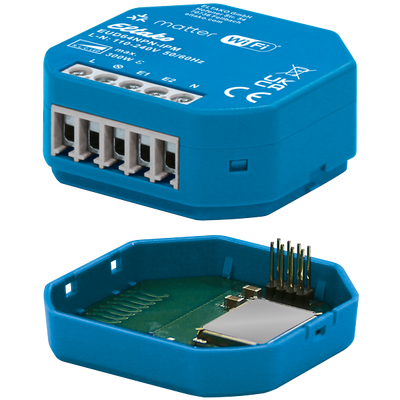 Eltako Aktor-Pack EUD64NPN-IPM: blaues Einbaumodul mit Schraubklemmen, darunter der EnOcean-Adapter EOA64 mit Platine