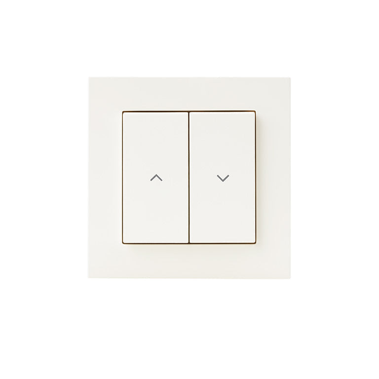 Eve Shutter Switch frontal, weiße Doppelwippe mit Pfeilsymbolen für Auf und Ab im quadratischen Rahmen