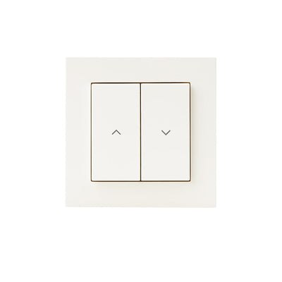 Eve Shutter Switch frontal, weiße Doppelwippe mit Pfeilsymbolen für Auf und Ab im quadratischen Rahmen