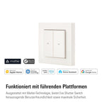 Eve Shutter Switch schräg mit Logos von Matter, Thread, Apple Home, SmartThings, Alexa und Google Home