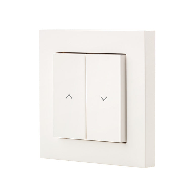 Eve Shutter Switch schräg von der Seite, Wippen und weißer 55-mm-Rahmen im Profil