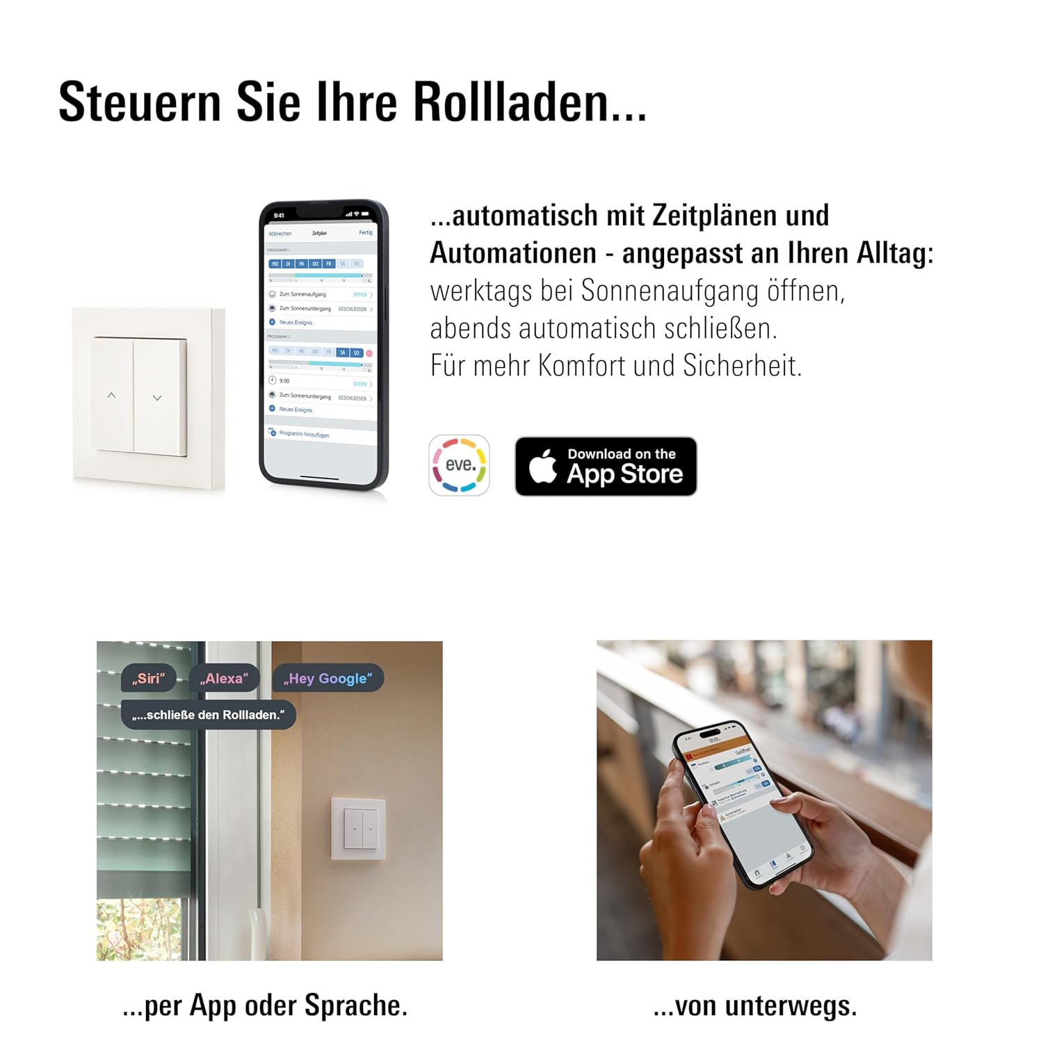 Infografik: Eve Shutter Switch per Zeitplan, Sprachbefehl und unterwegs über die Eve App steuern