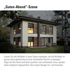 Grafik Guten-Abend-Szene mit Wohnhaus in der Dämmerung und teils geschlossenen Rollläden