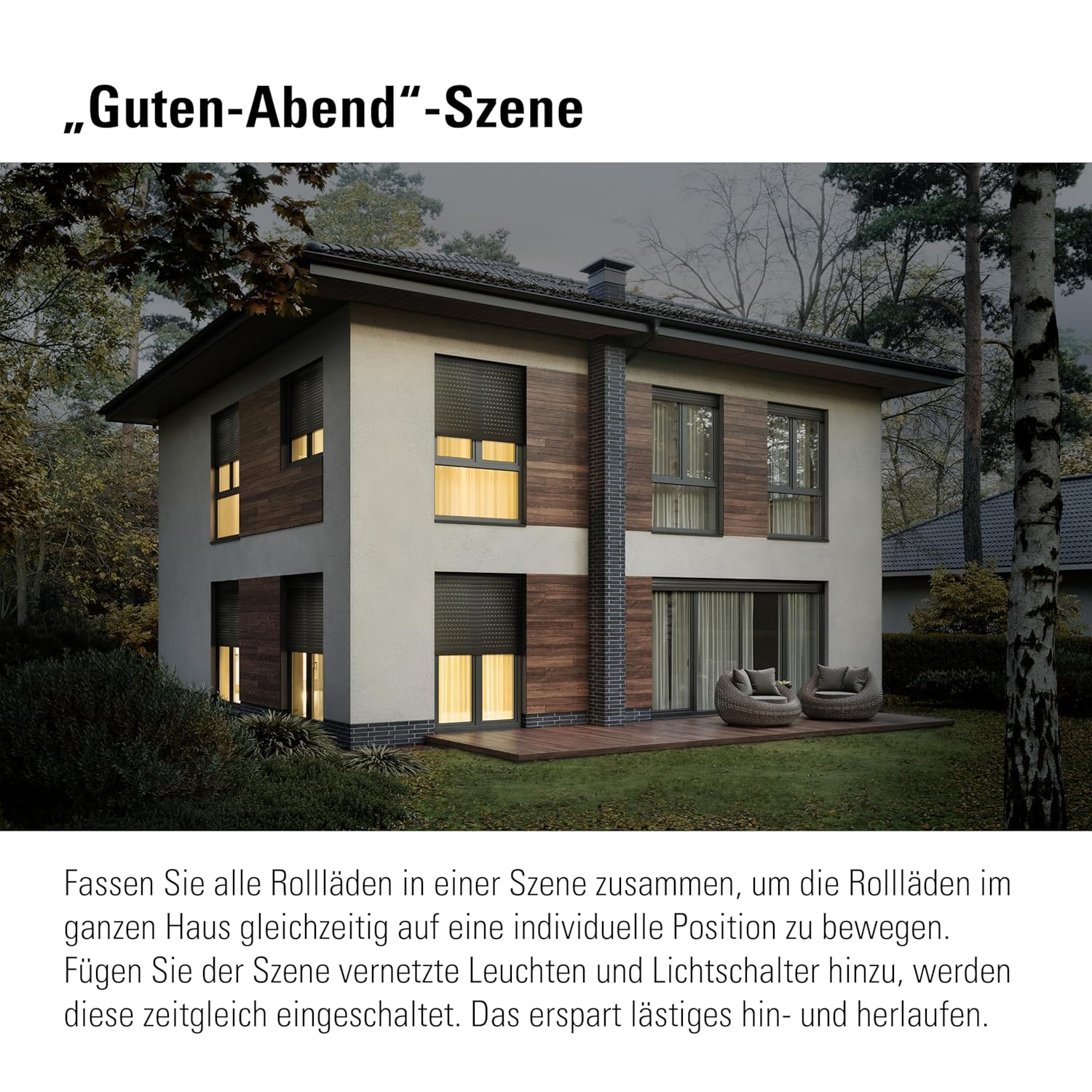 Grafik Guten-Abend-Szene mit Wohnhaus in der Dämmerung und teils geschlossenen Rollläden