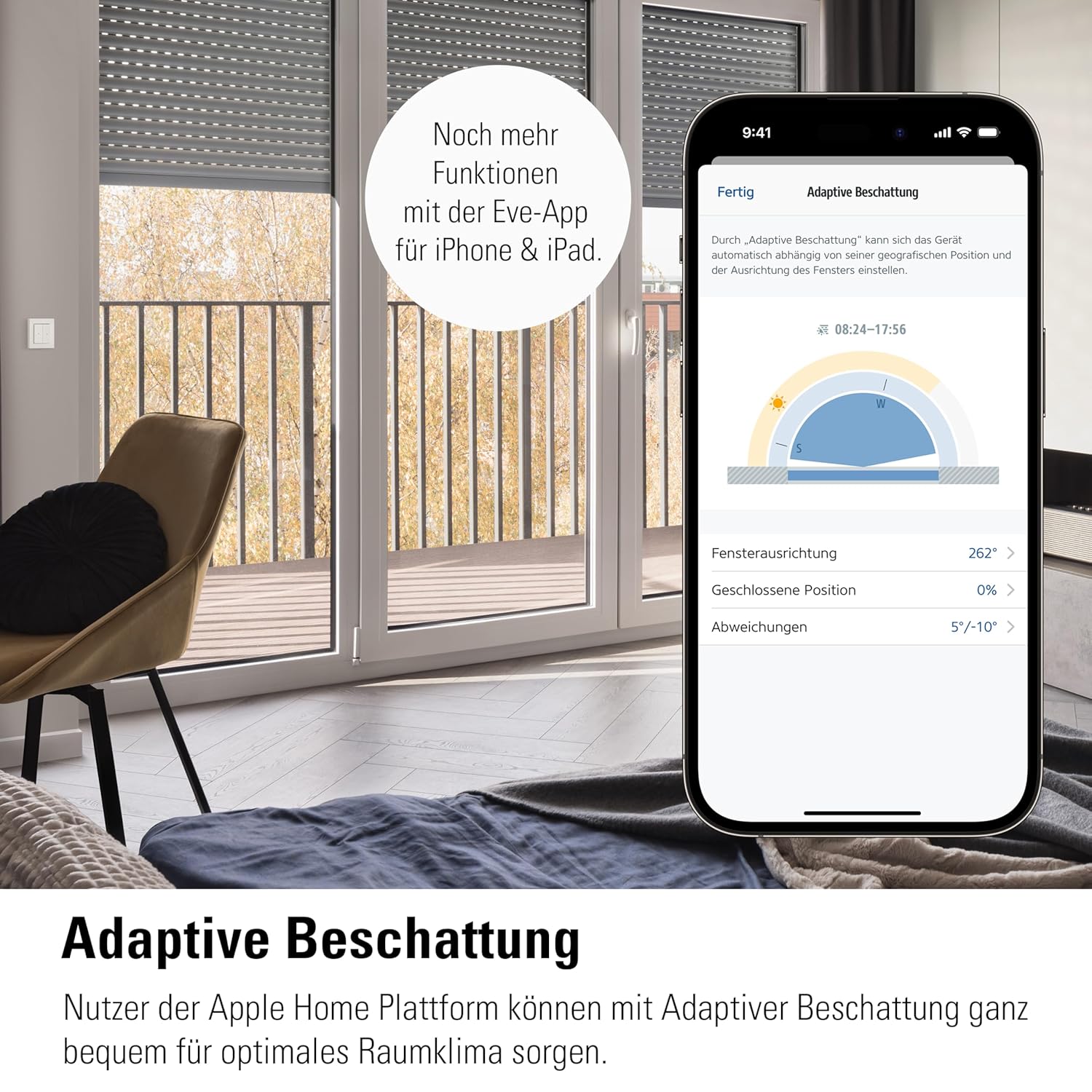Eve App auf dem iPhone mit Adaptiver Beschattung, dahinter Wohnraum mit heruntergelassenen Raffstores
