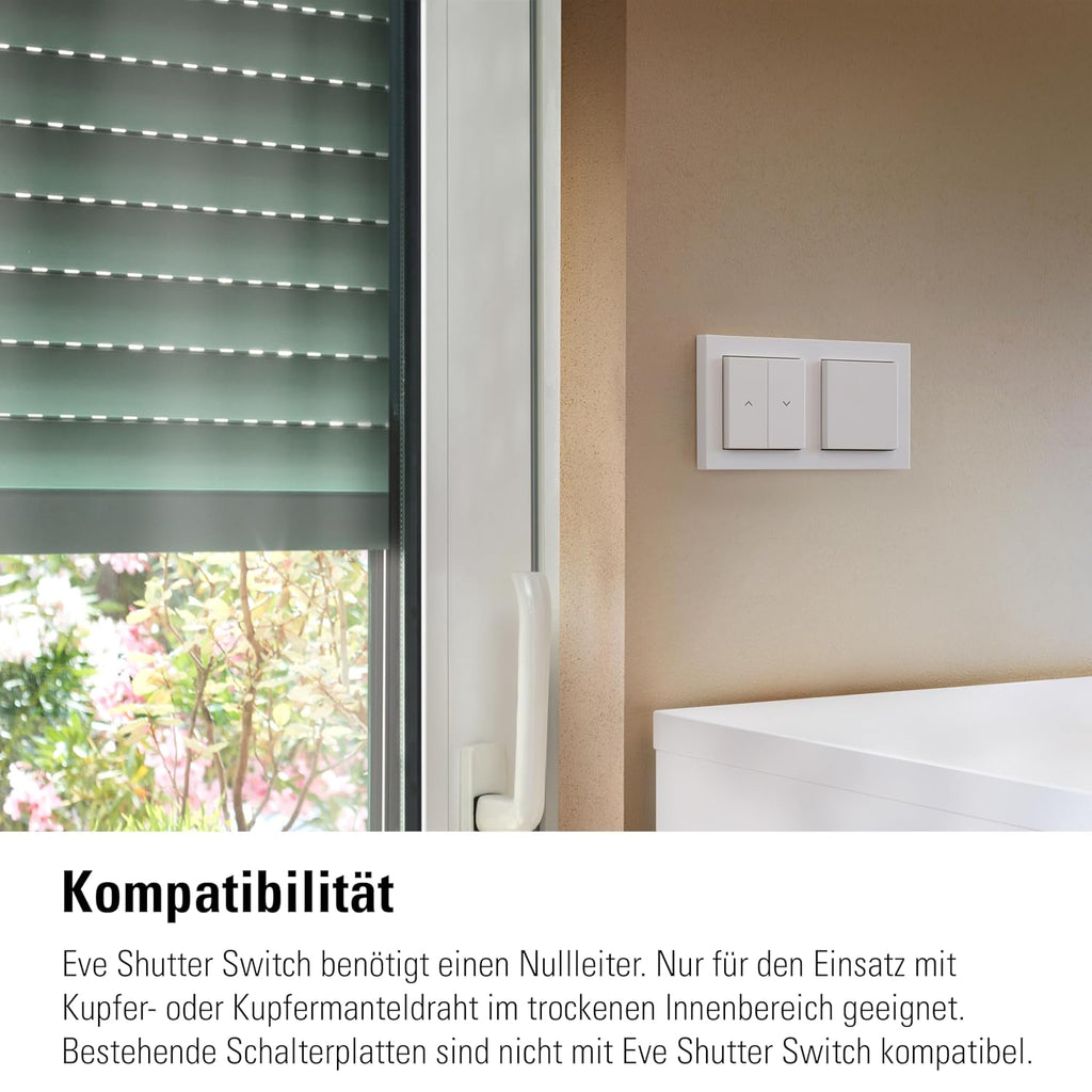 Eve Shutter Switch im Doppelrahmen an der Wand neben der Fenstertür mit Raffstore, Text zur Kompatibilität