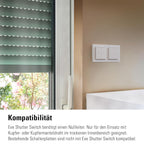 Eve Shutter Switch im Doppelrahmen an der Wand neben der Fenstertür mit Raffstore, Text zur Kompatibilität