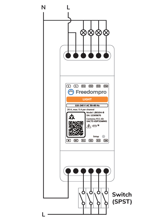 Anschlussschema des Freedompro LB0104-B mit vier Lampen und vier Tastern an S1 bis S4