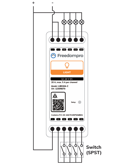 Anschlussschema des Freedompro LB0104-C mit vier Lampen und vier SPST-Tastern an 12-24 V DC