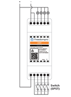 Anschlussschema des Freedompro LB0104-D mit vier Lampen und vier SPST-Tastern an 12-24 V DC