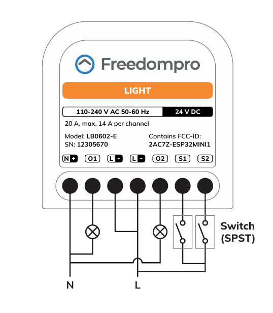 Anschlussschema des Freedompro LB0602-E mit zwei Lampen und zwei SPST-Tastern an N und L