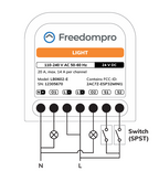 Anschlussschema des Freedompro LB0602-E mit zwei Lampen und zwei SPST-Tastern an N und L